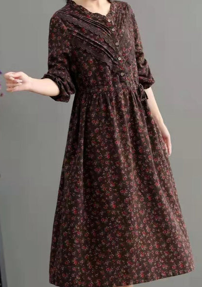 Blue Pockets Print Loose Fall Maxi Dress Long Sleeve
