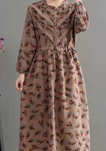 Blue Pockets Print Loose Fall Maxi Dress Long Sleeve