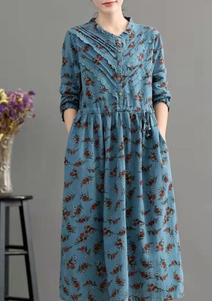 Blue Pockets Print Loose Fall Maxi Dress Long Sleeve