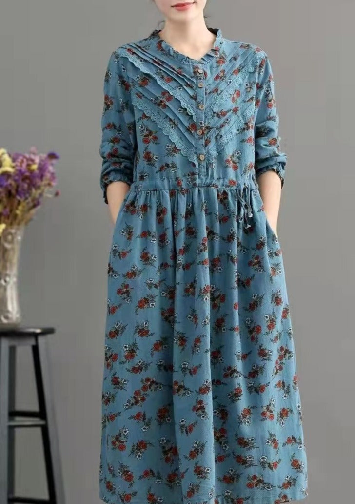 Blue Pockets Print Loose Fall Maxi Dress Long Sleeve