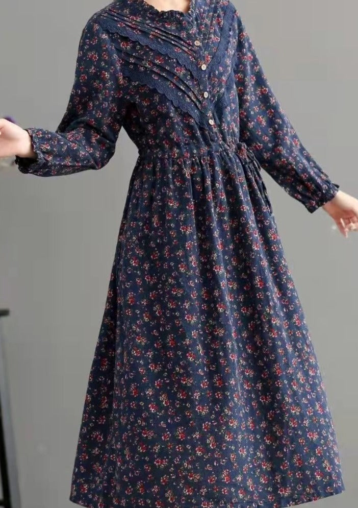 Blue Pockets Print Loose Fall Maxi Dress Long Sleeve