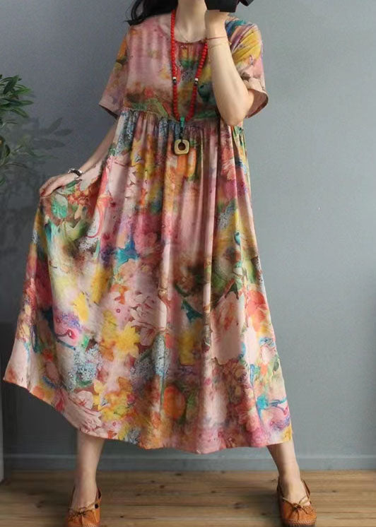 Silk Floss Robes O Neck Cinched Loose Summer Dress