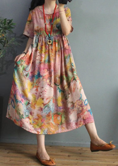 Silk Floss Robes O Neck Cinched Loose Summer Dress
