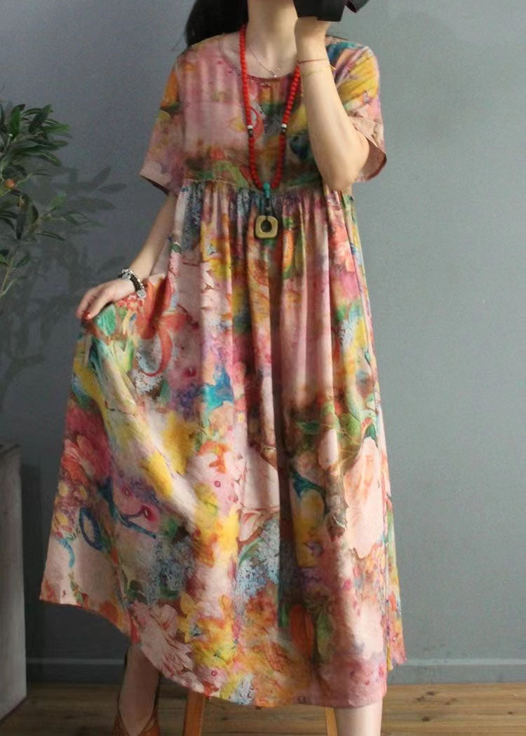 Silk Floss Robes O Neck Cinched Loose Summer Dress