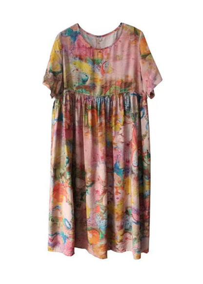 Silk Floss Robes O Neck Cinched Loose Summer Dress