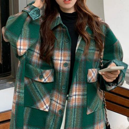 Lapel Pockets Spring Shirts Green Plaid Top