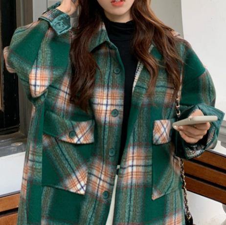 Lapel Pockets Spring Shirts Green Plaid Top