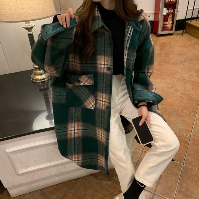 Lapel Pockets Spring Shirts Green Plaid Top