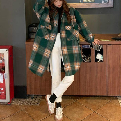 Lapel Pockets Spring Shirts Green Plaid Top