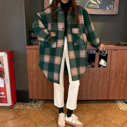 Lapel Pockets Spring Shirts Green Plaid Top