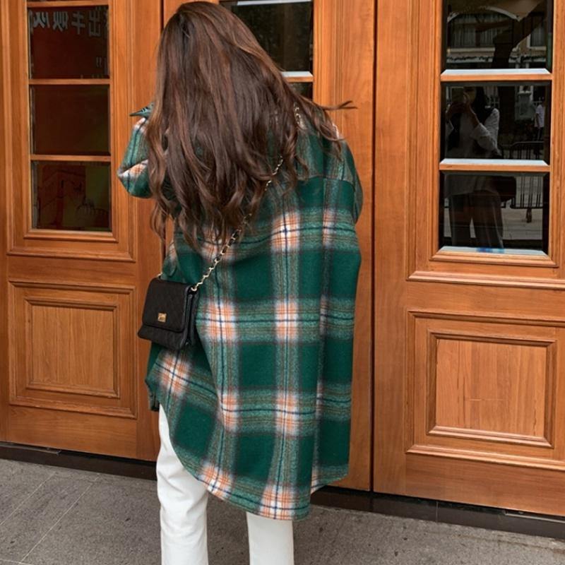 Lapel Pockets Spring Shirts Green Plaid Top
