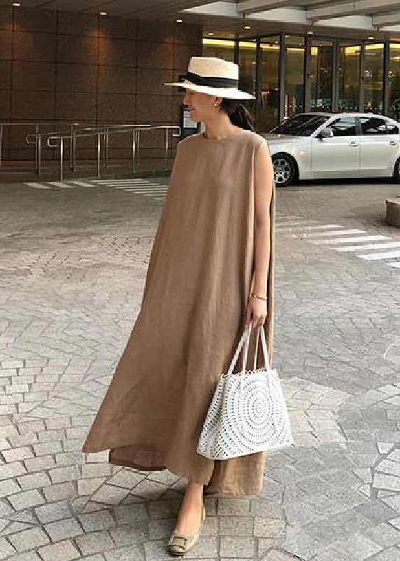 O Neck Side Open Linen Cotton Clothes Fabrics White Flowers Dress