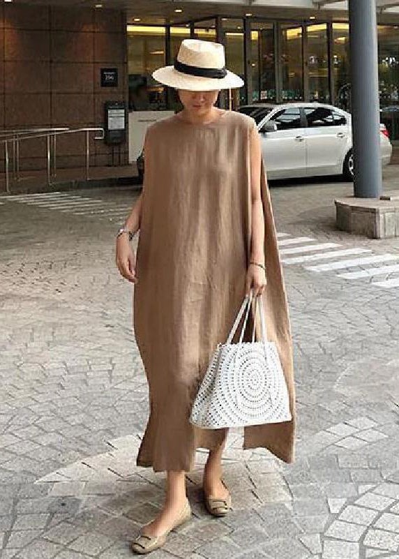 O Neck Side Open Linen Cotton Clothes Fabrics Print2 Dress