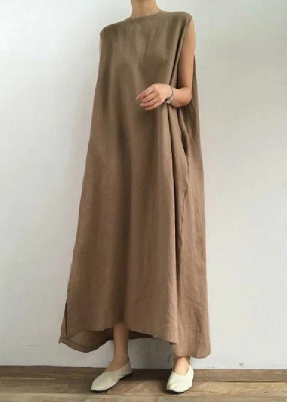 O Neck Side Open Linen Cotton Clothes Fabrics White Flowers Dress