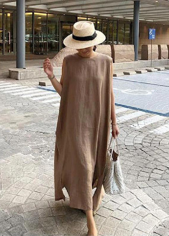 O Neck Side Open Linen Cotton Clothes Fabrics Print1 Dress