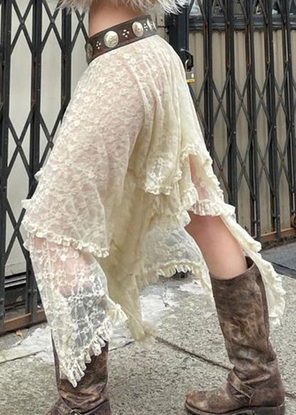 Apricot Asymmetrical Elastic Waist Patchwork Lace Skirt Summer