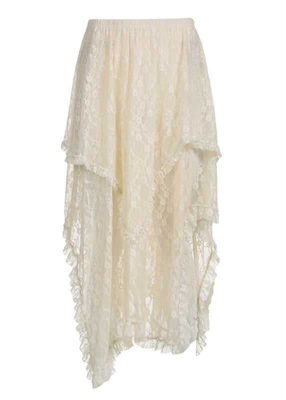 Apricot Asymmetrical Elastic Waist Patchwork Lace Skirt Summer