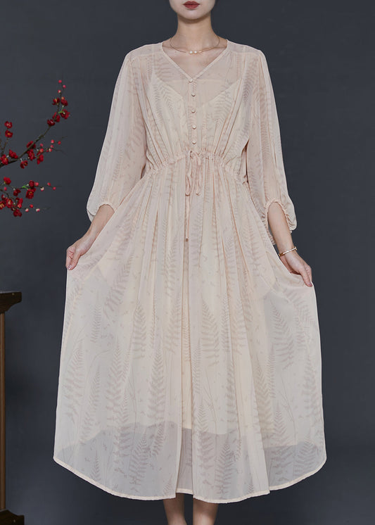 Apricot Cinched Print Chiffon Dresses Summer