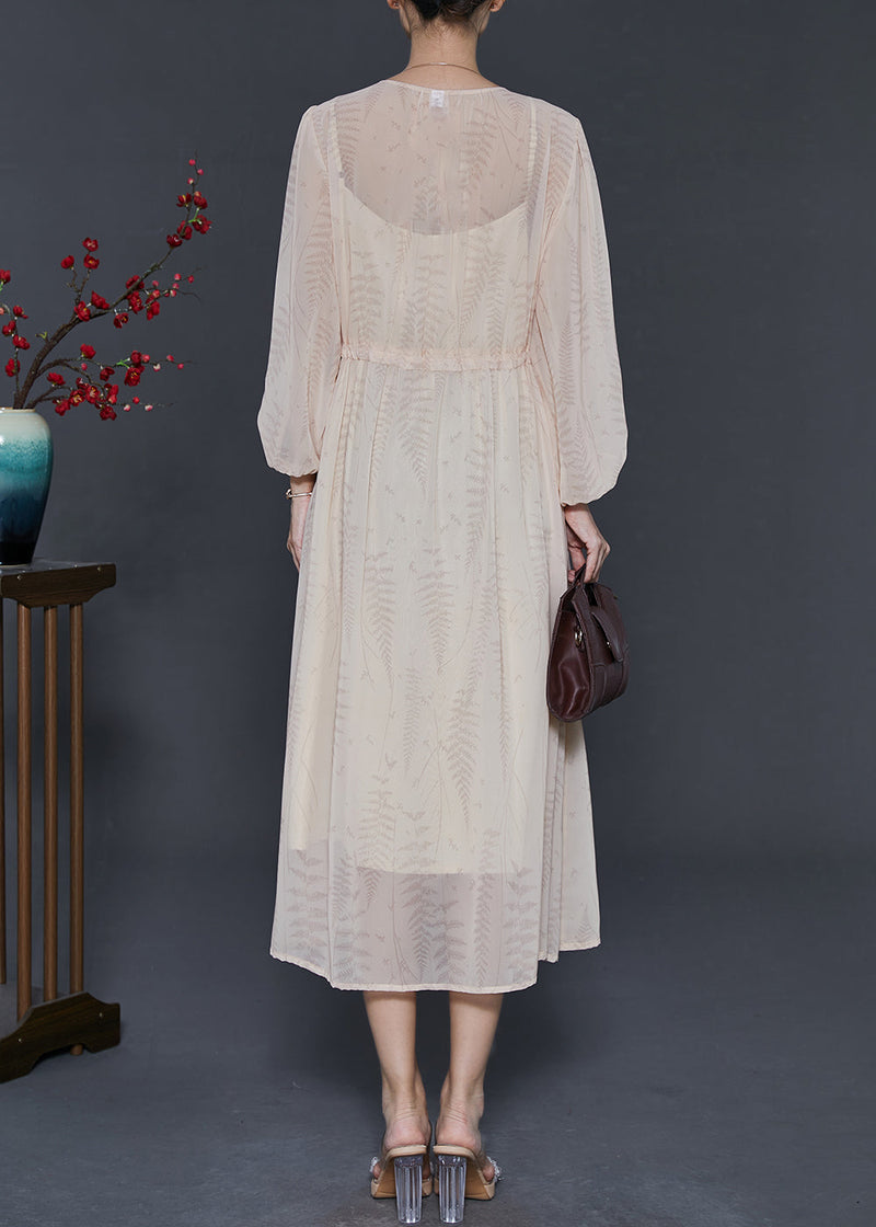 Apricot Cinched Print Chiffon Dresses Summer