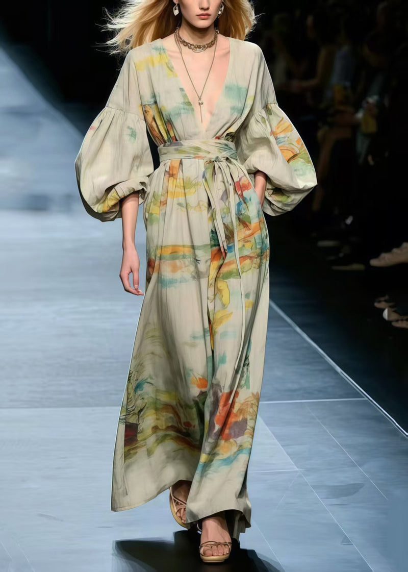 Apricot Cinched Print Cotton Long Dress Lantern Sleeve