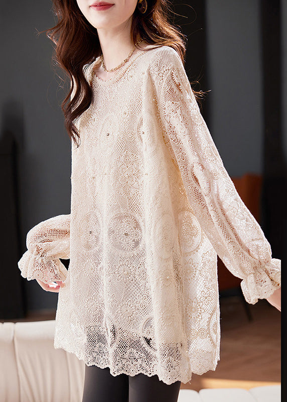 Boho Apricot Embroidered Hollow Out Chiffon Top Flare Sleeve