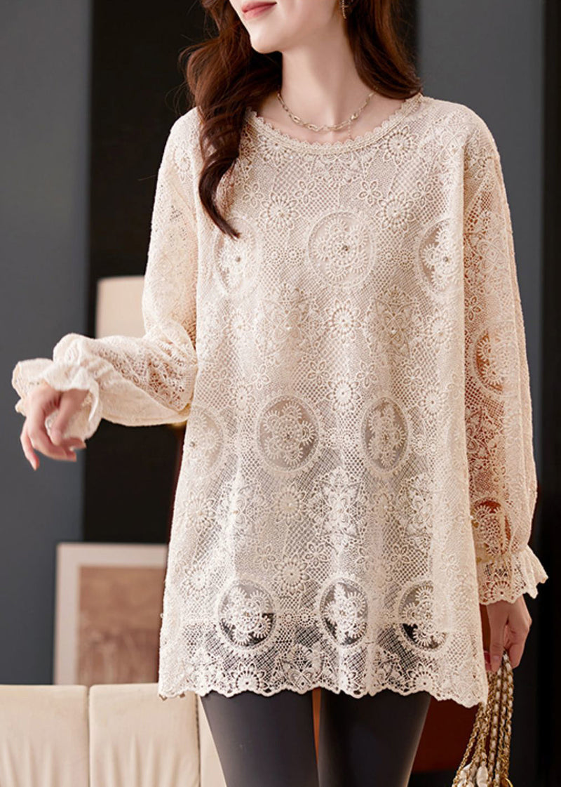Apricot Embroidered Hollow Out Chiffon Top Flare Sleeve