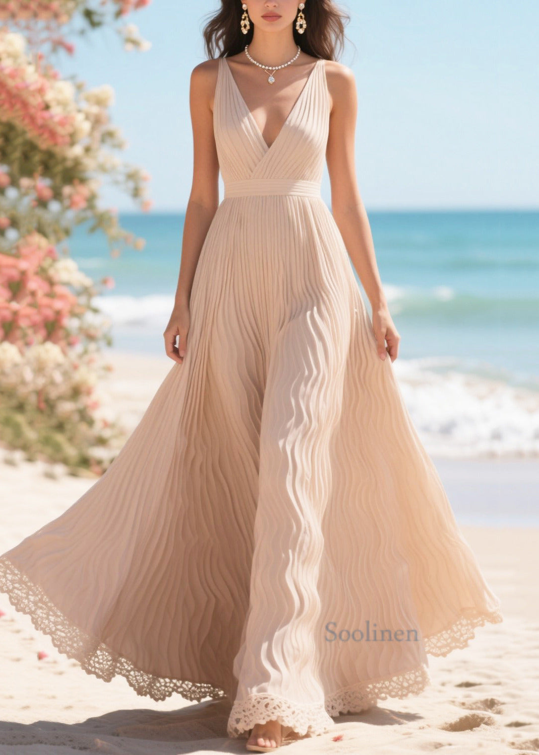 Apricot Exra Large Hem Wrinkled Chiffon Party Dress Summer