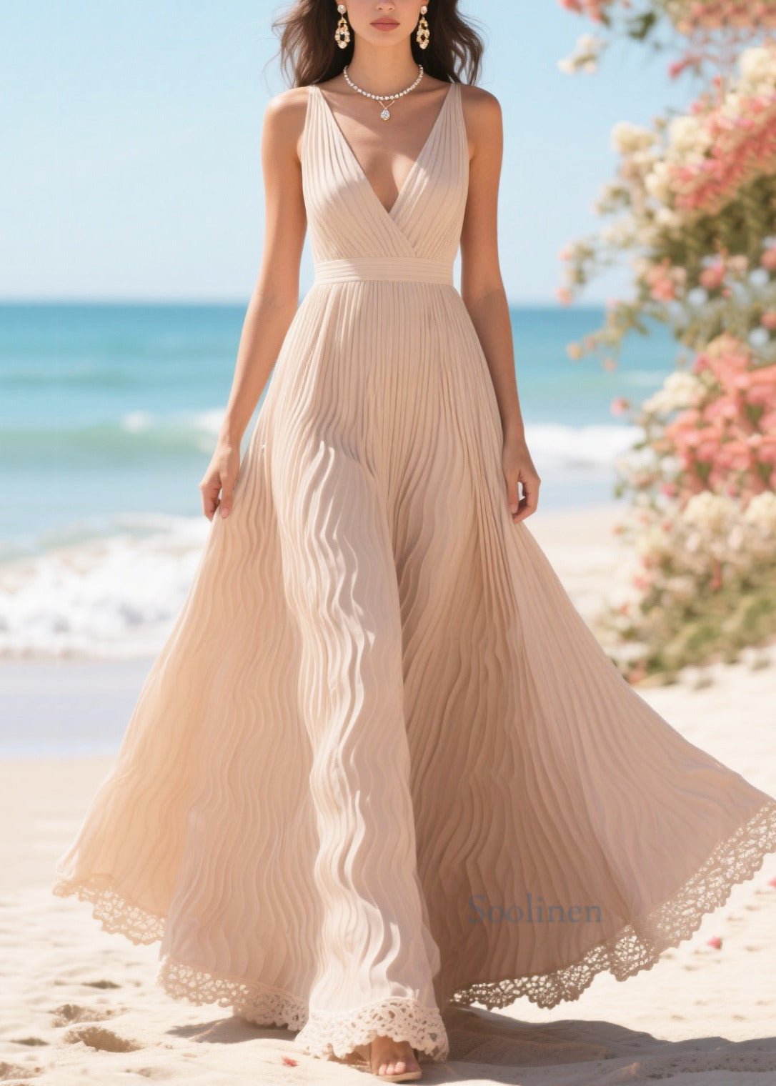 Apricot Exra Large Hem Wrinkled Chiffon Party Dress Summer