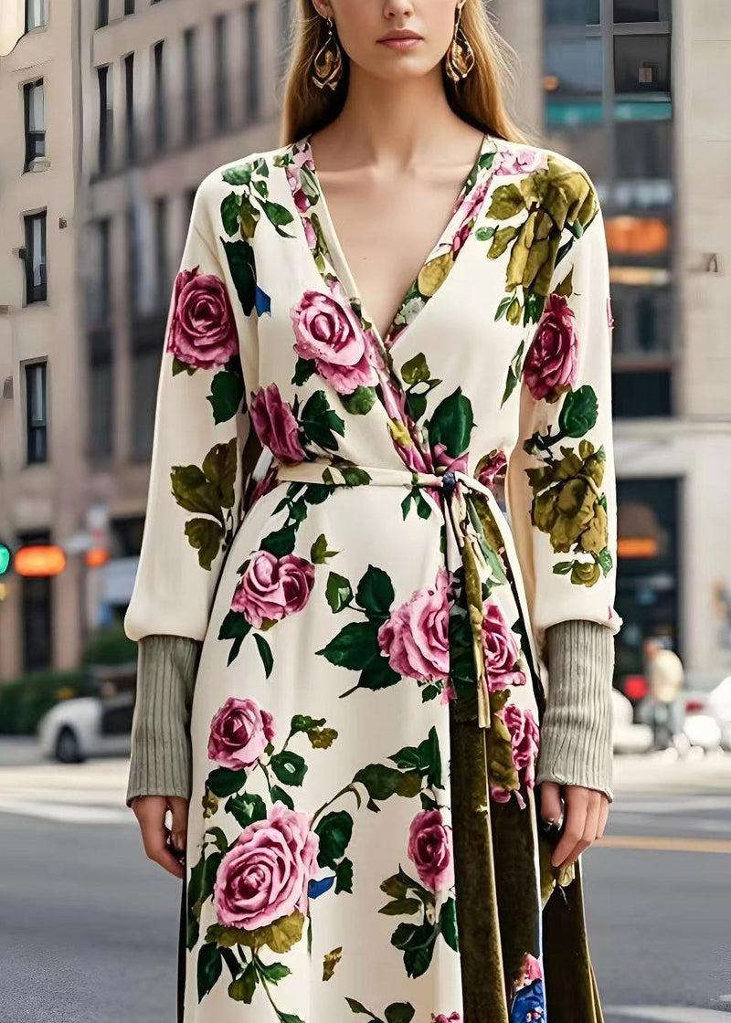 Apricot Tie Waist Silk Velvet Long Dresses Spring