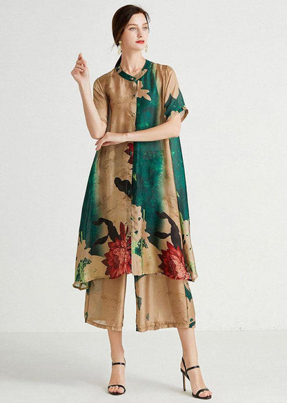 Apricot Green Stand Button Summer Two Pieces Set Short Sleeve
