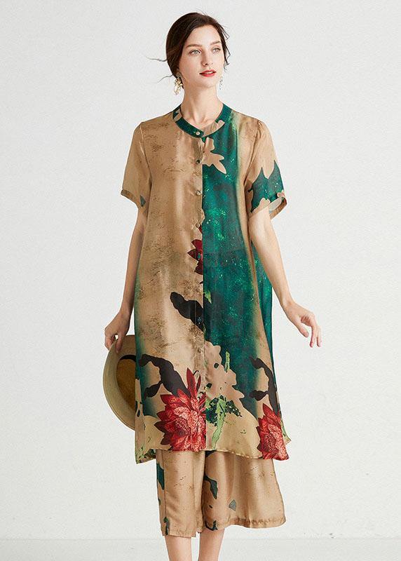 Apricot Green Stand Button Summer Two Pieces Set Short Sleeve