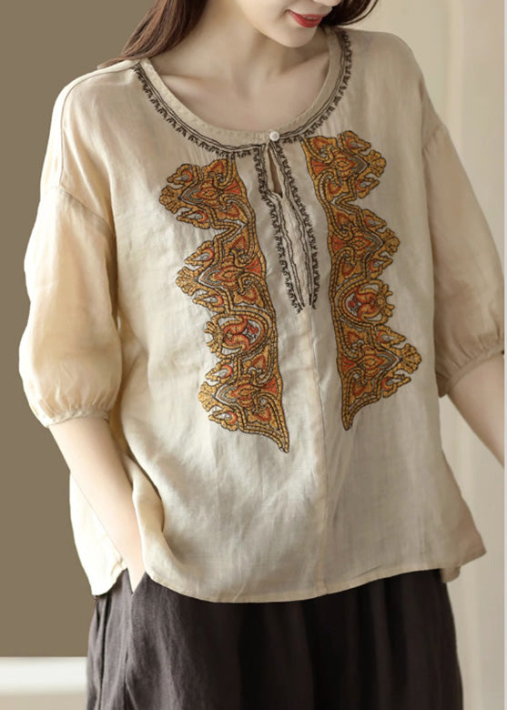 Apricot O-neck Embroideried Low High Design Ramie Shirts Summer