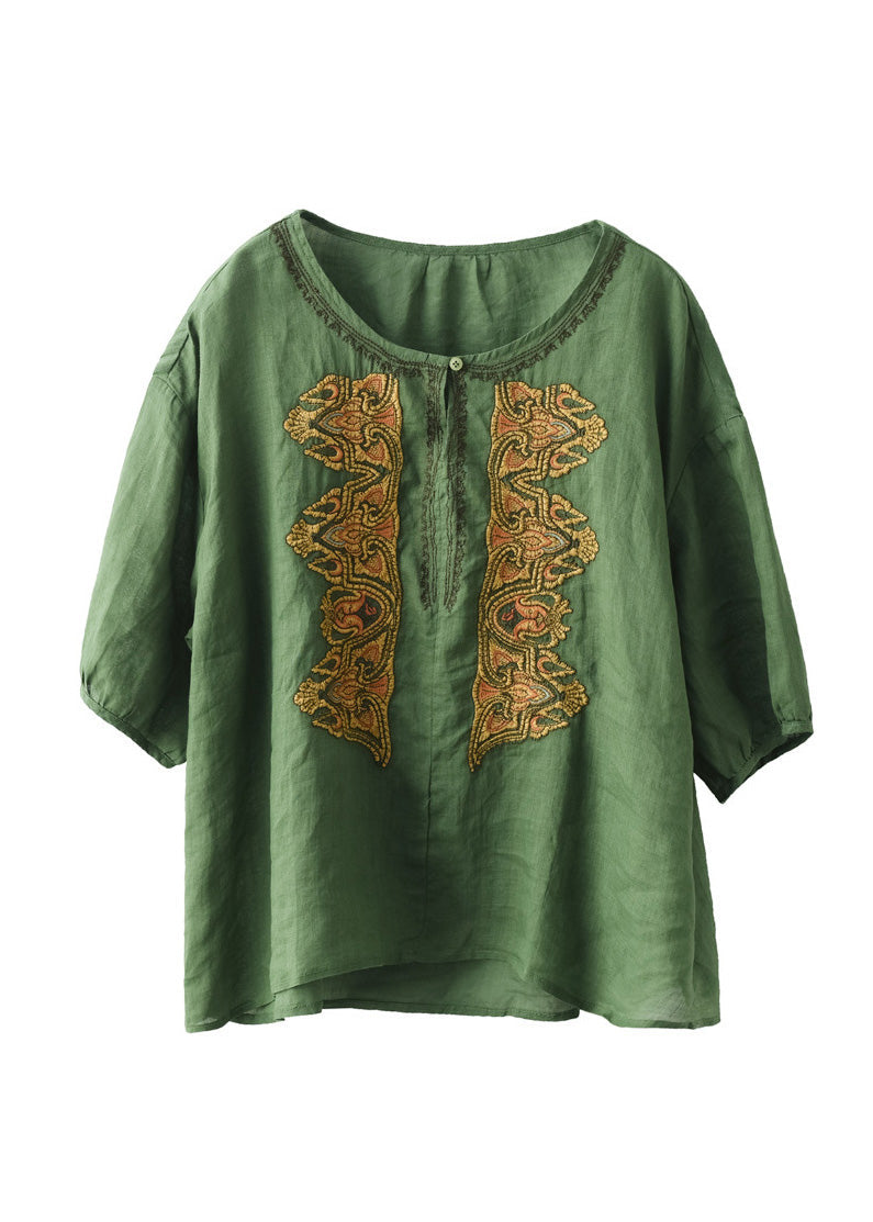Apricot O-neck Embroideried Low High Design Ramie Shirts Summer