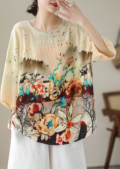Apricot O Neck Print Patchwork Linen T Shirt Tops Summer