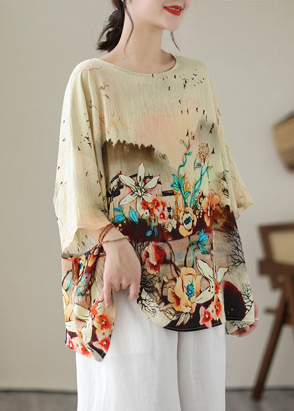 Apricot O Neck Print Patchwork Linen T Shirt Tops Summer