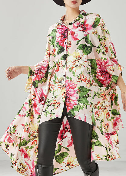 Apricot Print Low High Design Chiffon Shirt Dresses Spring