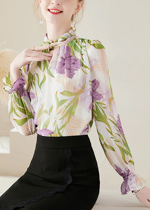 Apricot Print Patchwork Chiffon Blouses Flare Sleeve