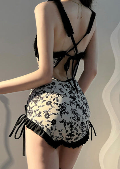 Apricot Print Ruffled Tie Waist Bodysuit