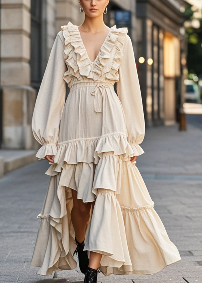Apricot Ruffled Asymmetrical Design Cotton Cinched Dress Spring