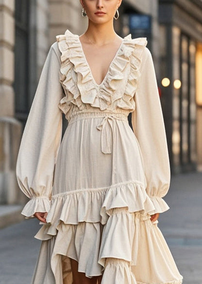 Apricot Ruffled Asymmetrical Design Cotton Cinched Dress Spring