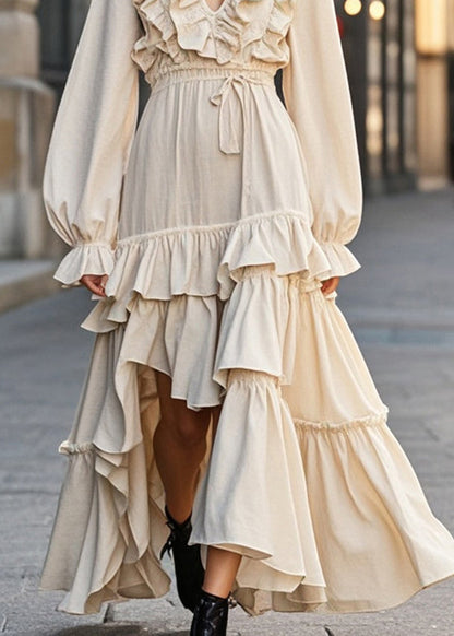 Apricot Ruffled Asymmetrical Design Cotton Cinched Dress Spring