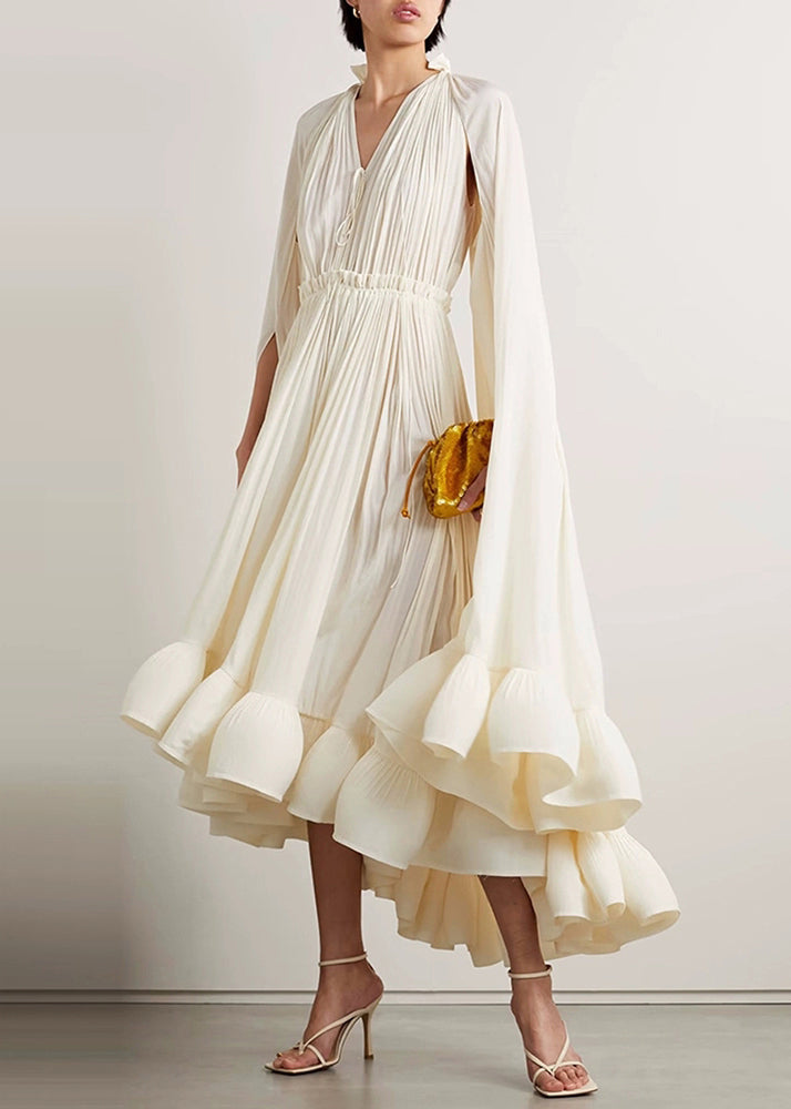 Apricot Ruffled Lace Up Cotton Party Dresses Batwing Sleeve