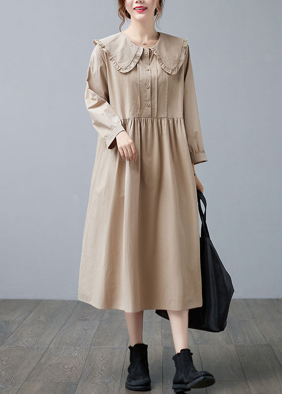 Apricot Ruffled Patchwork Button Fall Dress Long Sleeve