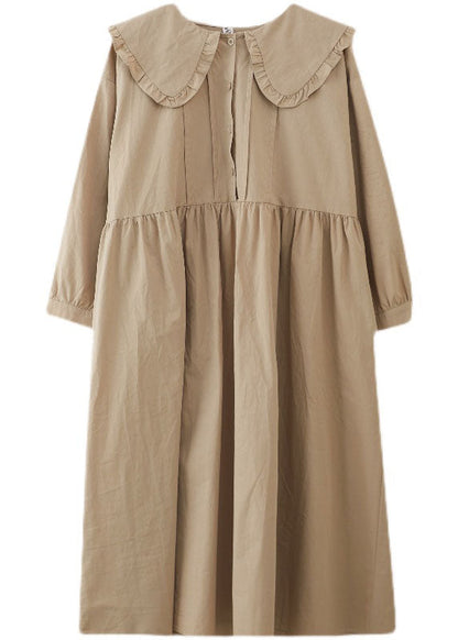 Apricot Ruffled Patchwork Button Fall Dress Long Sleeve