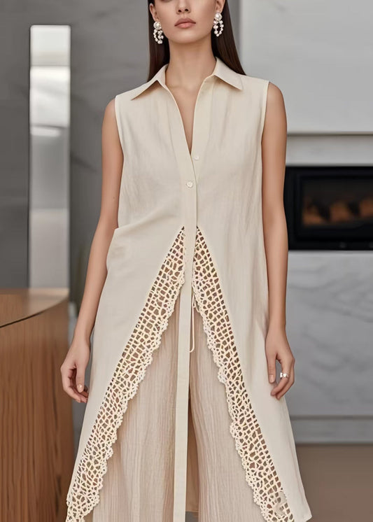 Apricot Side Open Patchwork Lace Long Vests Sleeveless