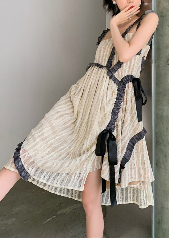 Apricot Slash Neck Patchwork Wrinkled Silk Slip Dresses Summer