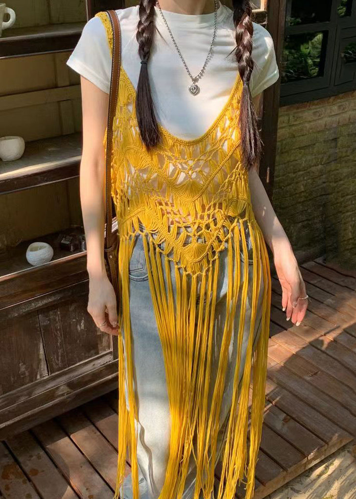 Apricot Tasseled Hollow Out Spaghetti Strap Dresses Summer