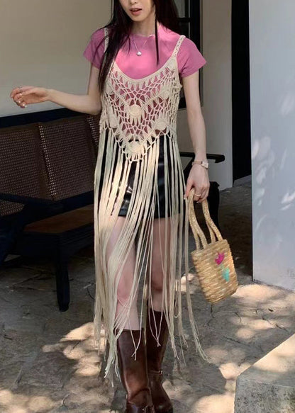 Apricot Tasseled Hollow Out Spaghetti Strap Dresses Summer