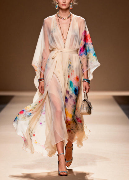 Apricot Tie Waist Print Chiffon Ankle Dress Summer