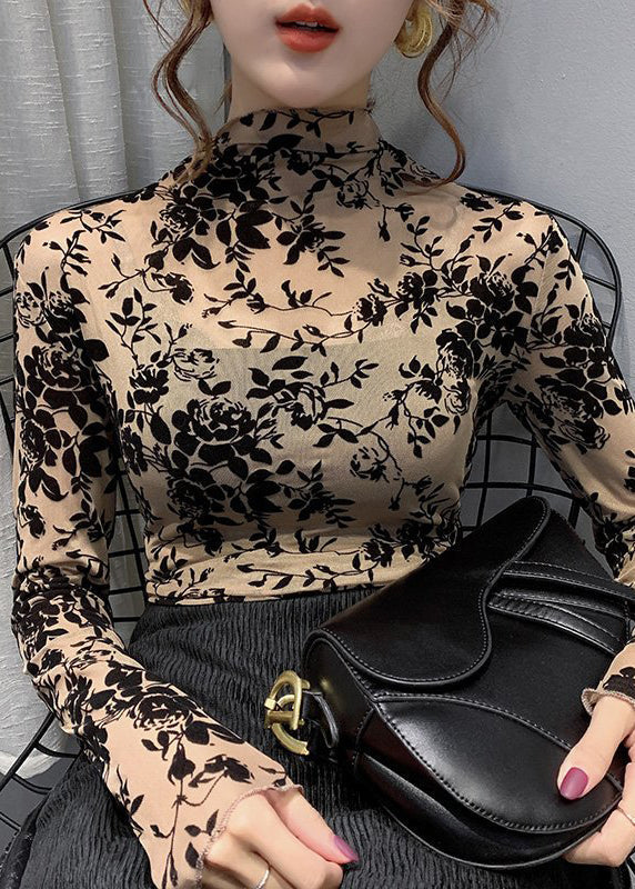 Apricot Turtleneck Embroideried Lace Tops Bottoming Shirt